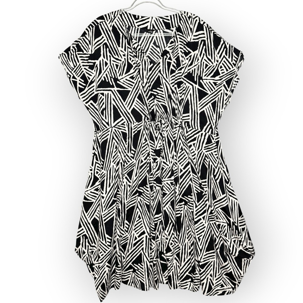 LISA BAYNE Artful Home Black & White Graphic Caftan Cotton Dress Size M/L